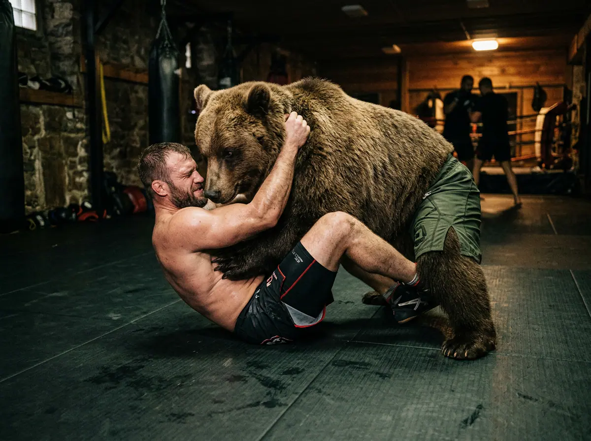 Ours Strongbear et pratiquant pendant un échange de Grappling